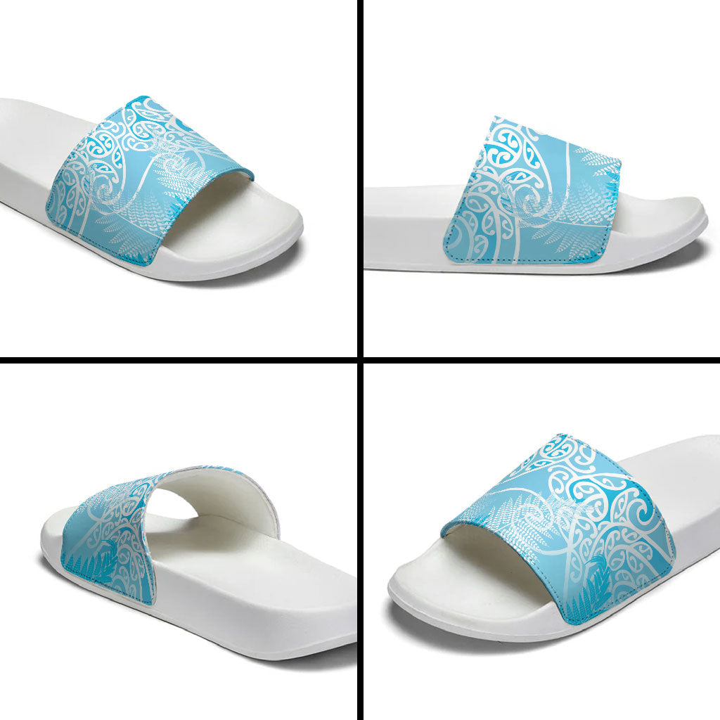 Aotearoa Maori Koru Curves Slide Sandals Silver Ferns - Turquoise LT7 - Polynesian Pride