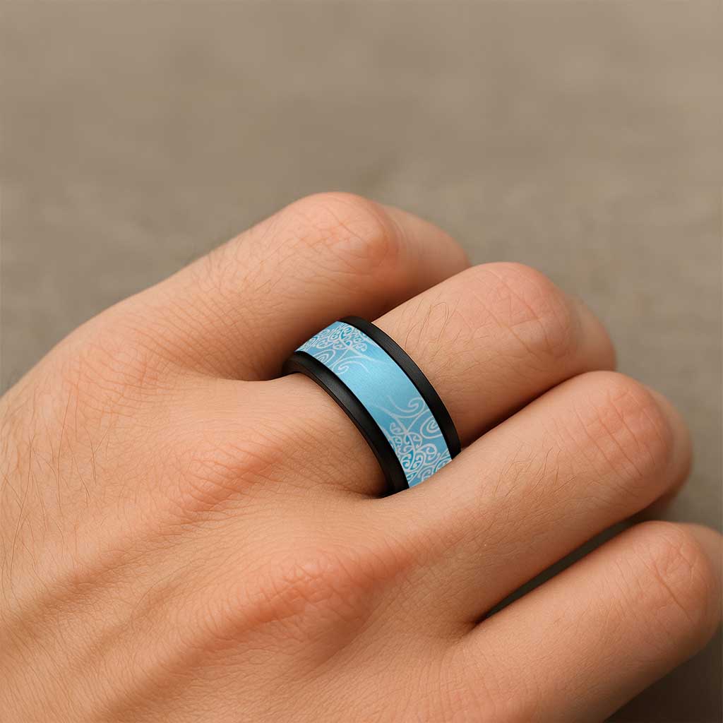 Aotearoa Maori Koru Curves Spinner Ring Silver Ferns - Turquoise LT7 - Polynesian Pride