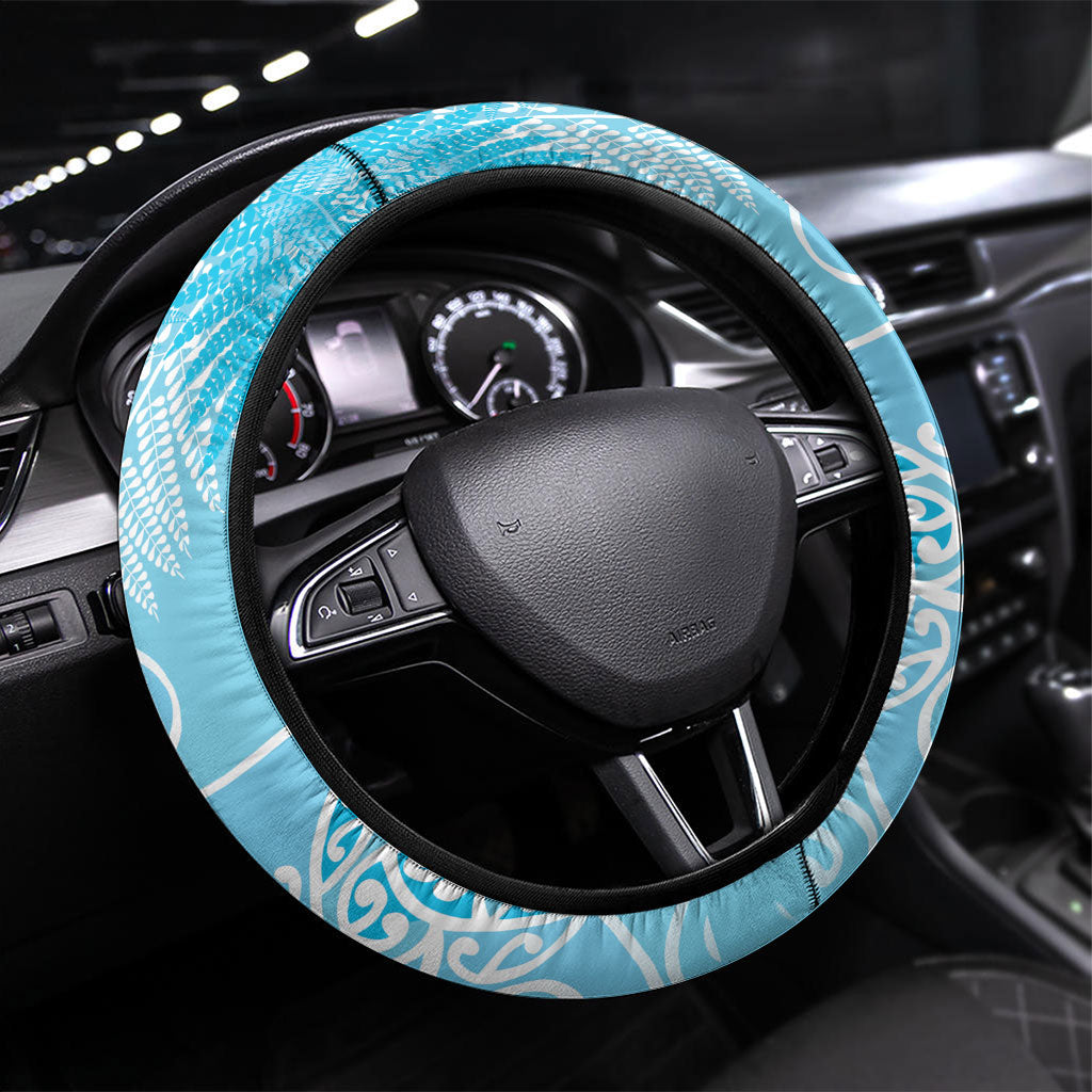 Aotearoa Maori Koru Curves Steering Wheel Cover Silver Ferns - Turquoise LT7 Universal Fit Turquoise - Polynesian Pride