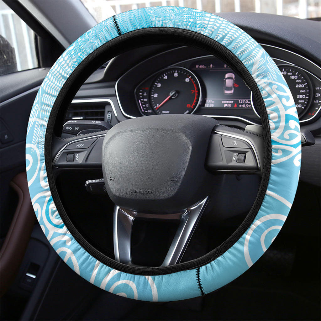 Aotearoa Maori Koru Curves Steering Wheel Cover Silver Ferns - Turquoise LT7 - Polynesian Pride