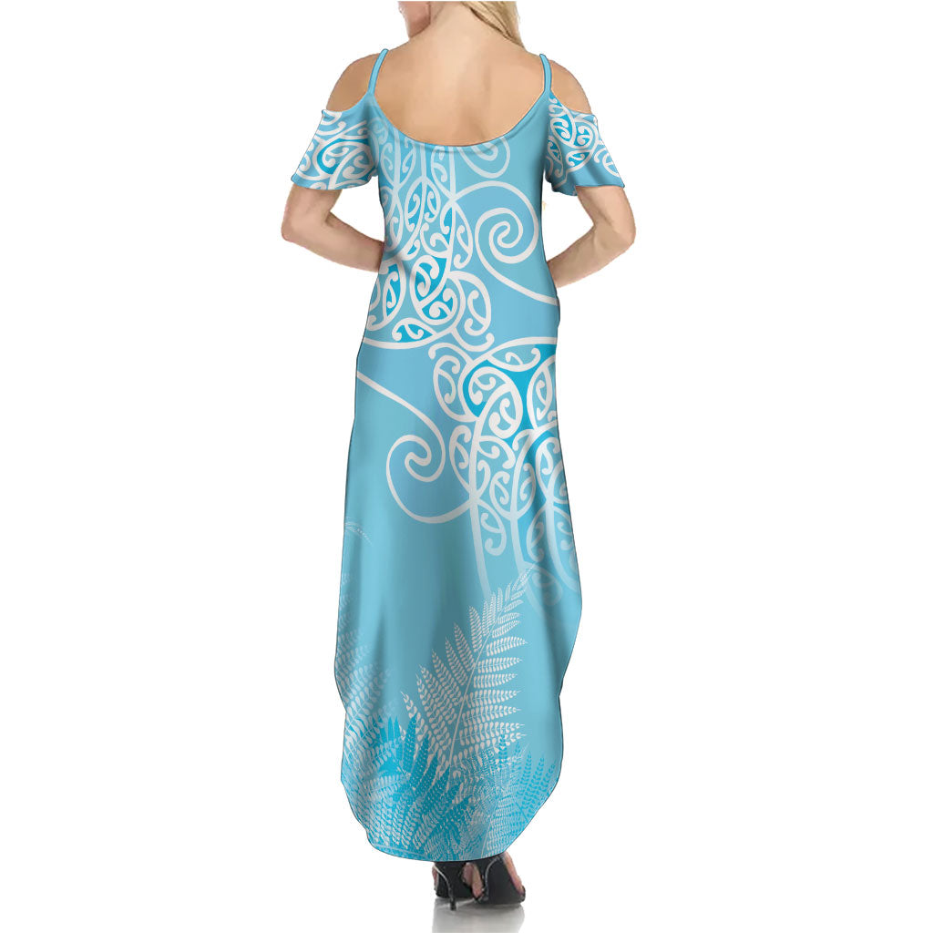 Aotearoa Maori Koru Curves Summer Maxi Dress Silver Ferns - Turquoise LT7 - Polynesian Pride