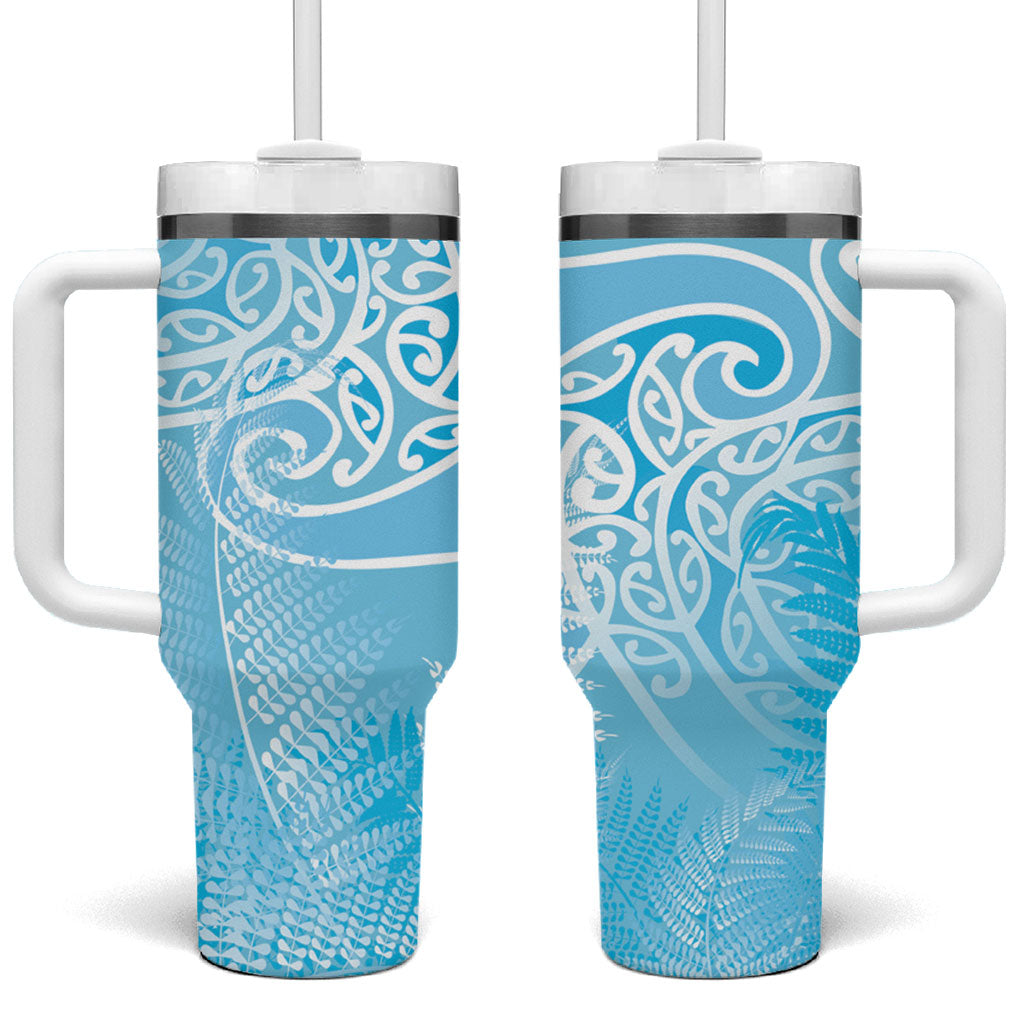 Aotearoa Maori Koru Curves Tumbler With Handle Silver Ferns - Turquoise LT7 One Size: 40 oz Turquoise - Polynesian Pride
