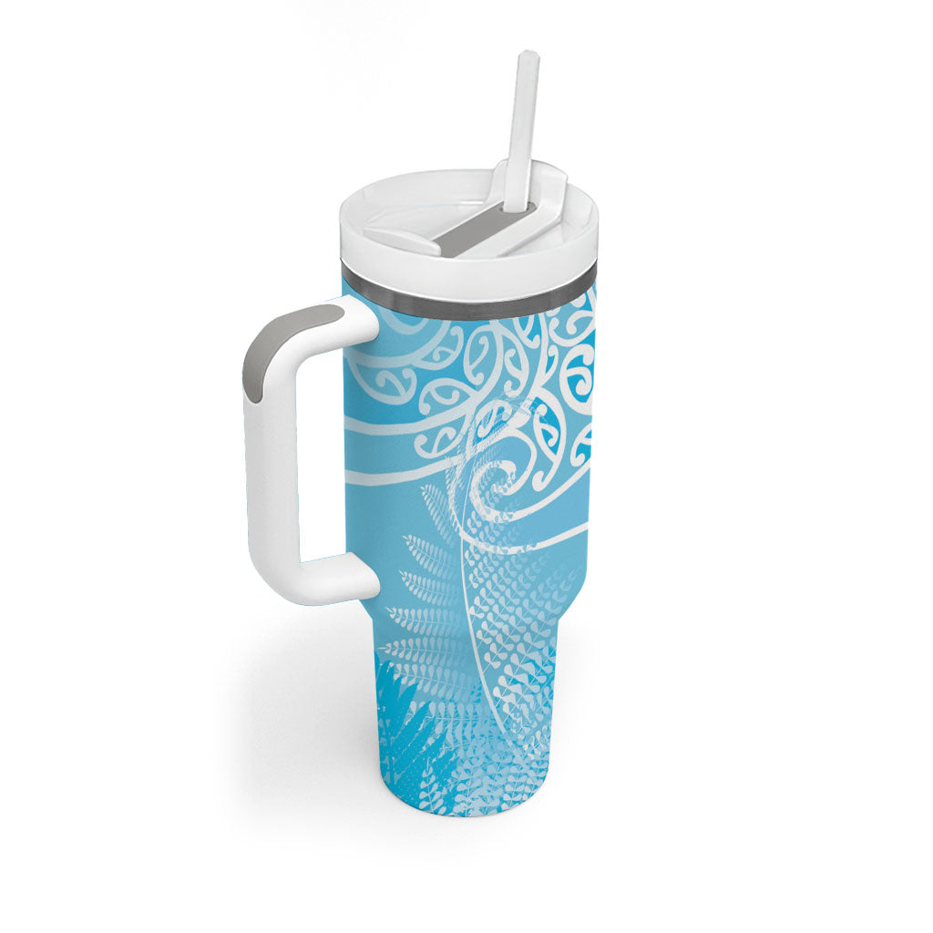 Aotearoa Maori Koru Curves Tumbler With Handle Silver Ferns - Turquoise LT7 - Polynesian Pride