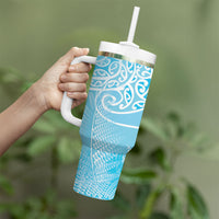 Aotearoa Maori Koru Curves Tumbler With Handle Silver Ferns - Turquoise LT7 - Polynesian Pride