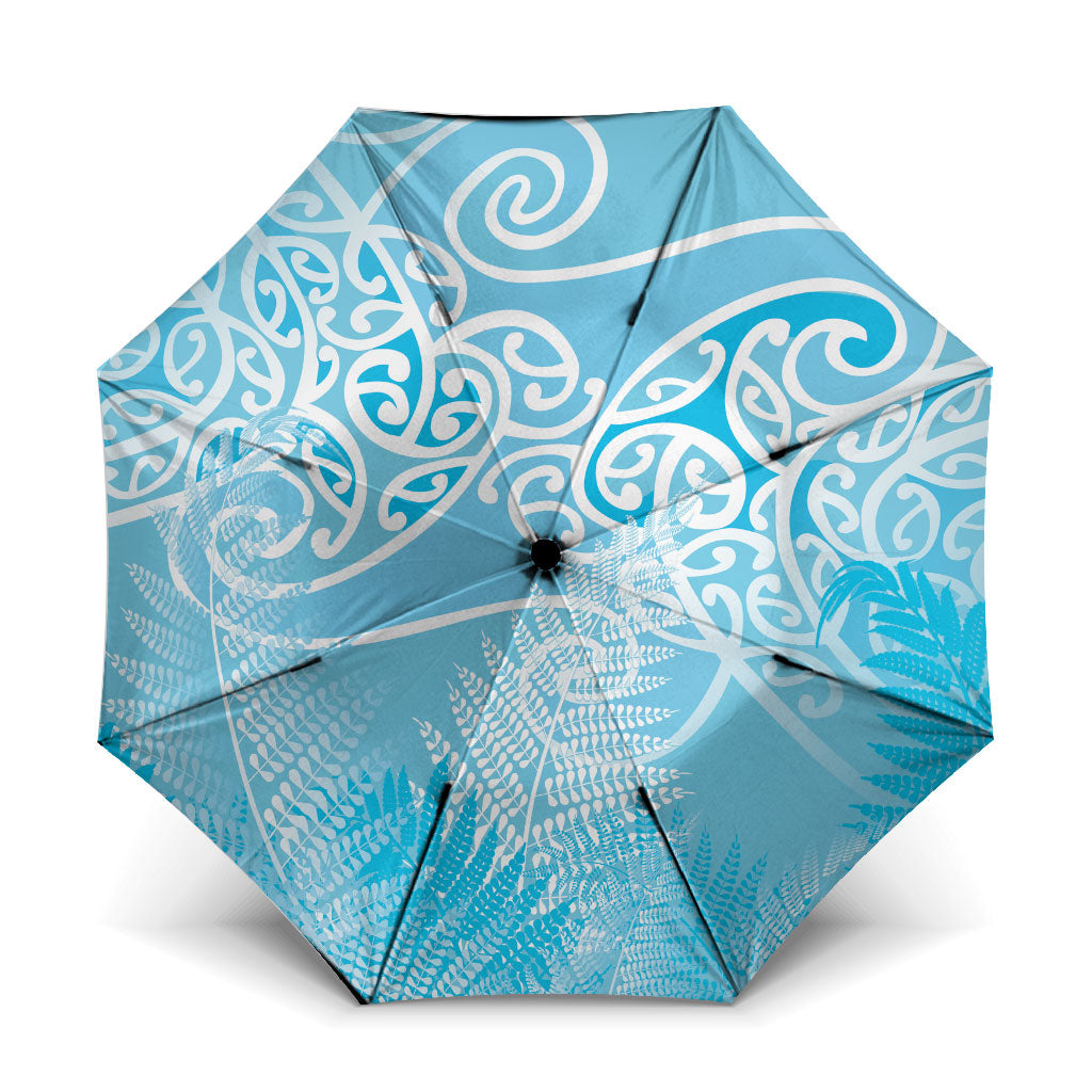Aotearoa Maori Koru Curves Umbrella Silver Ferns - Turquoise LT7 One Size Folded 11.42 inch Opened Diameter 37.4 inch Turquoise - Polynesian Pride