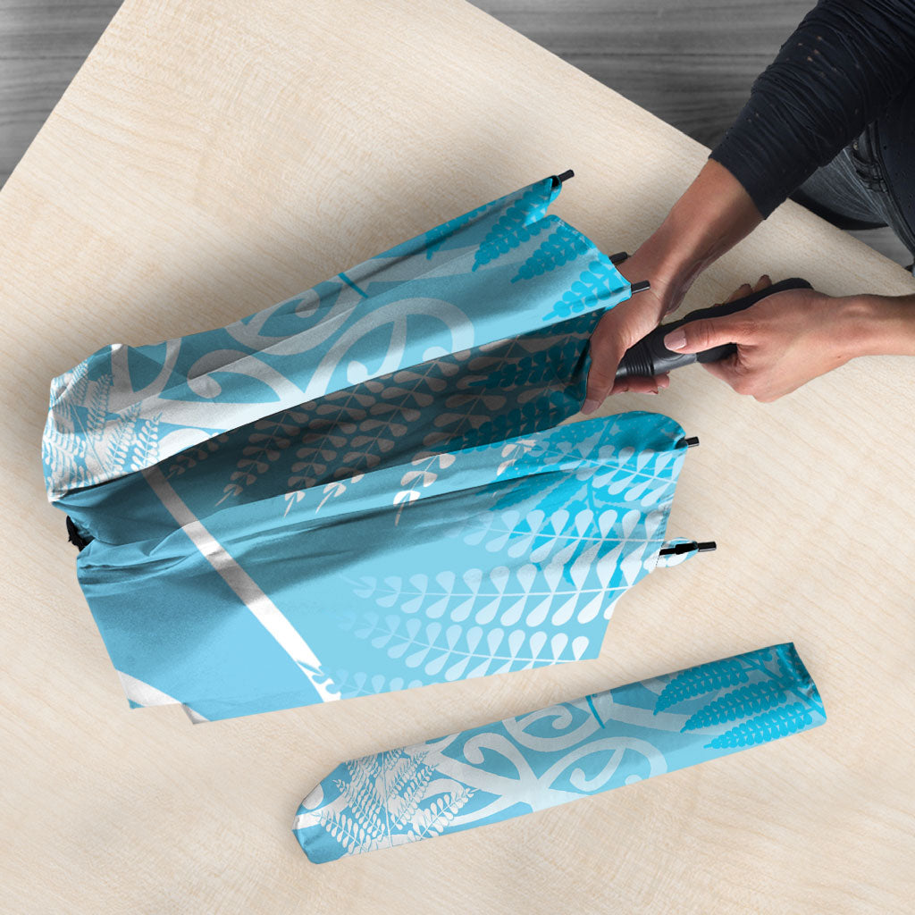 Aotearoa Maori Koru Curves Umbrella Silver Ferns - Turquoise LT7 - Polynesian Pride