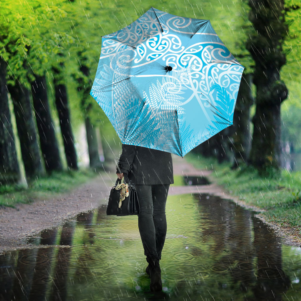 Aotearoa Maori Koru Curves Umbrella Silver Ferns - Turquoise LT7 - Polynesian Pride