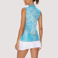 Aotearoa Maori Koru Curves Women Sleeveless Polo Shirt Silver Ferns - Turquoise LT7 - Polynesian Pride