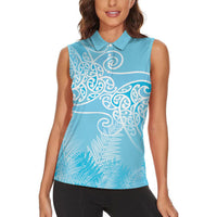 Aotearoa Maori Koru Curves Women Sleeveless Polo Shirt Silver Ferns - Turquoise LT7 - Polynesian Pride