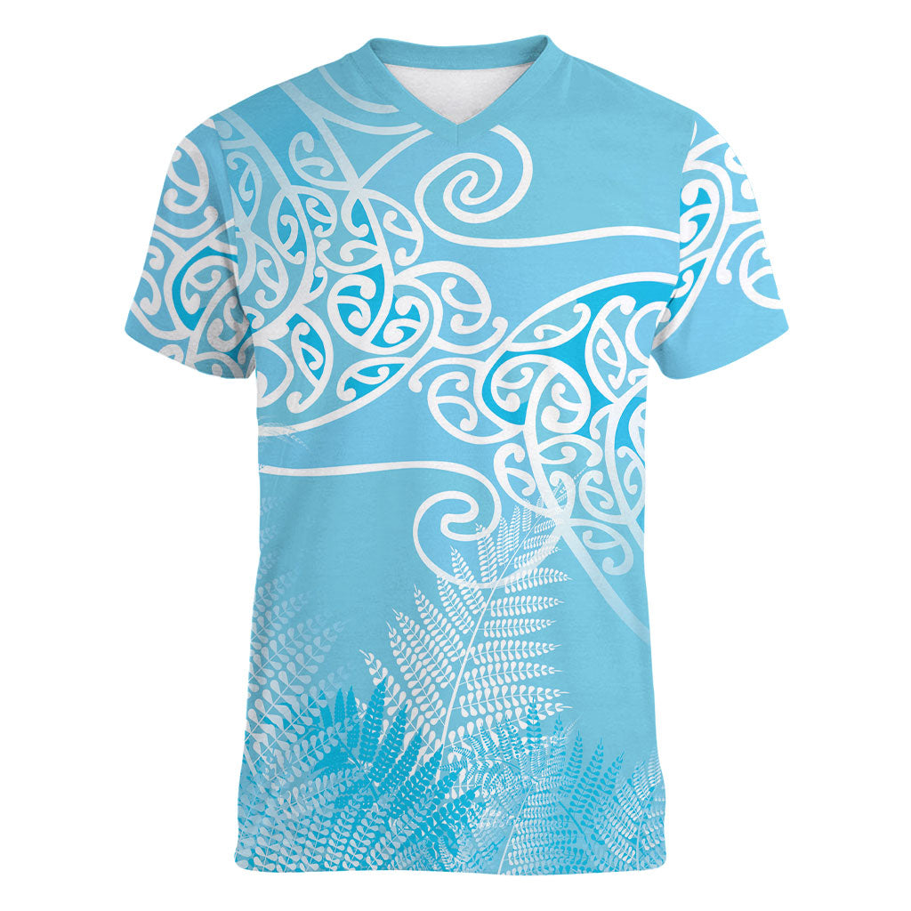 Aotearoa Maori Koru Curves Women V-Neck T-Shirt Silver Ferns - Turquoise