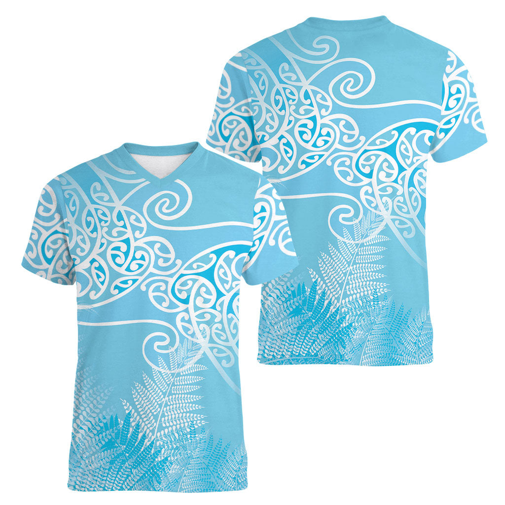 Aotearoa Maori Koru Curves Women V-Neck T-Shirt Silver Ferns - Turquoise