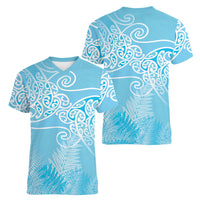 Aotearoa Maori Koru Curves Women V-Neck T-Shirt Silver Ferns - Turquoise