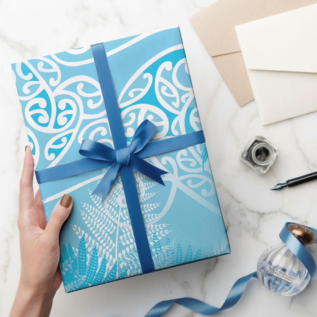Aotearoa Maori Koru Curves Wrapping Paper Silver Ferns - Turquoise LT7 - Polynesian Pride