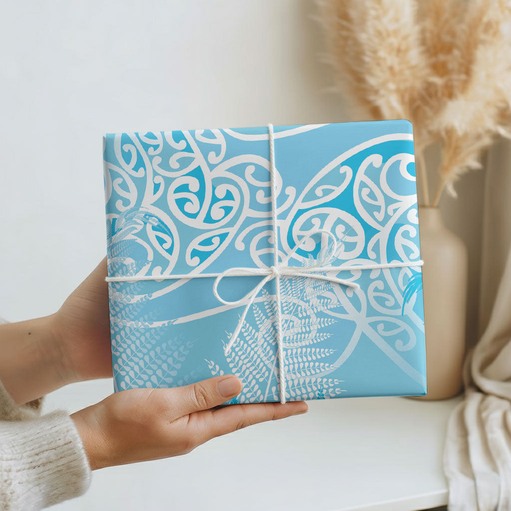 Aotearoa Maori Koru Curves Wrapping Paper Silver Ferns - Turquoise LT7 - Polynesian Pride