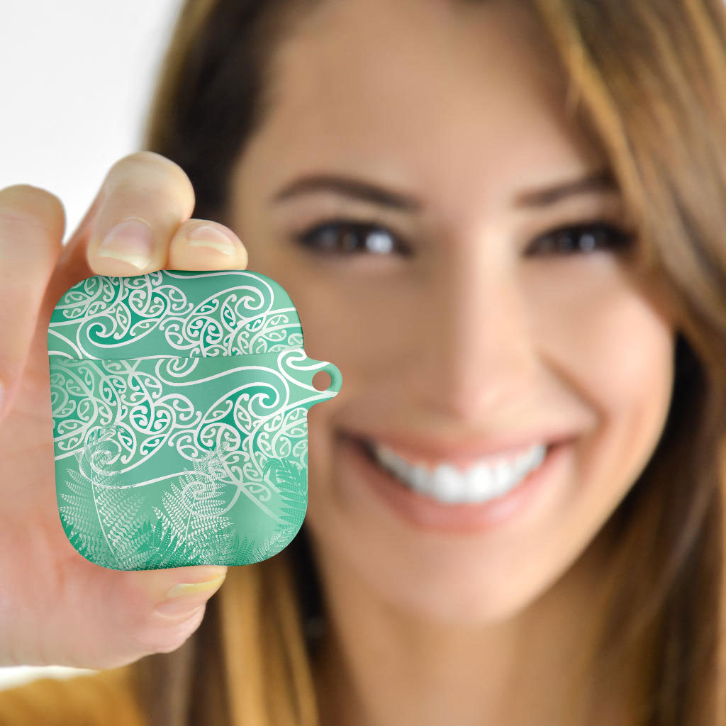 Aotearoa Maori Koru Curves AirPods Case Silver Ferns - Mint LT7 - Polynesian Pride