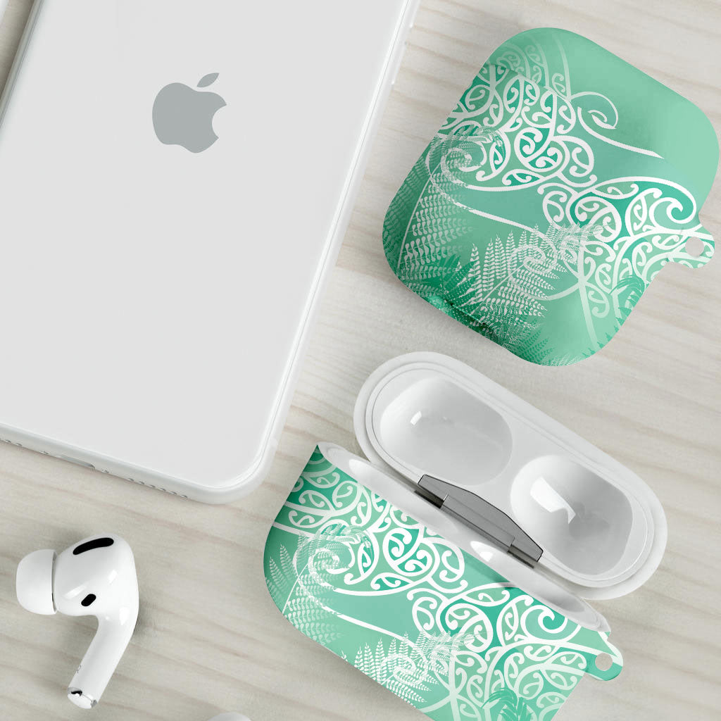 Aotearoa Maori Koru Curves AirPods Case Silver Ferns - Mint LT7 - Polynesian Pride