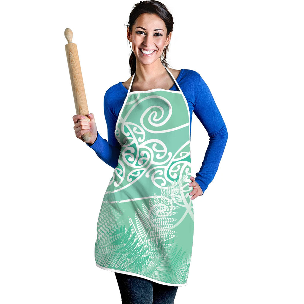 Aotearoa Maori Koru Curves Apron Silver Ferns - Mint LT7 - Polynesian Pride