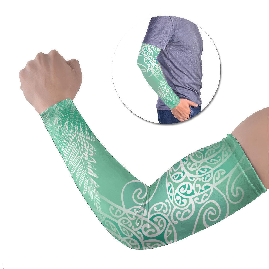 Aotearoa Maori Koru Curves Arm Sleeves Silver Ferns - Mint LT7 Set of 2 Mint Green - Polynesian Pride