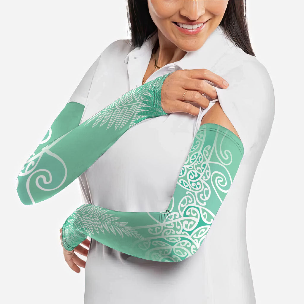 Aotearoa Maori Koru Curves Arm Sleeves Silver Ferns - Mint LT7 - Polynesian Pride