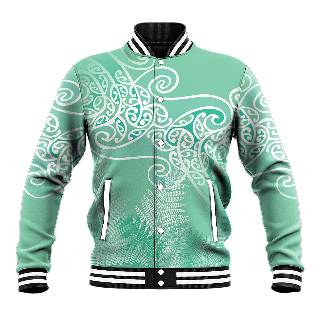Aotearoa Maori Koru Curves Baseball Jacket Silver Ferns - Mint LT7 Unisex Mint Green - Polynesian Pride