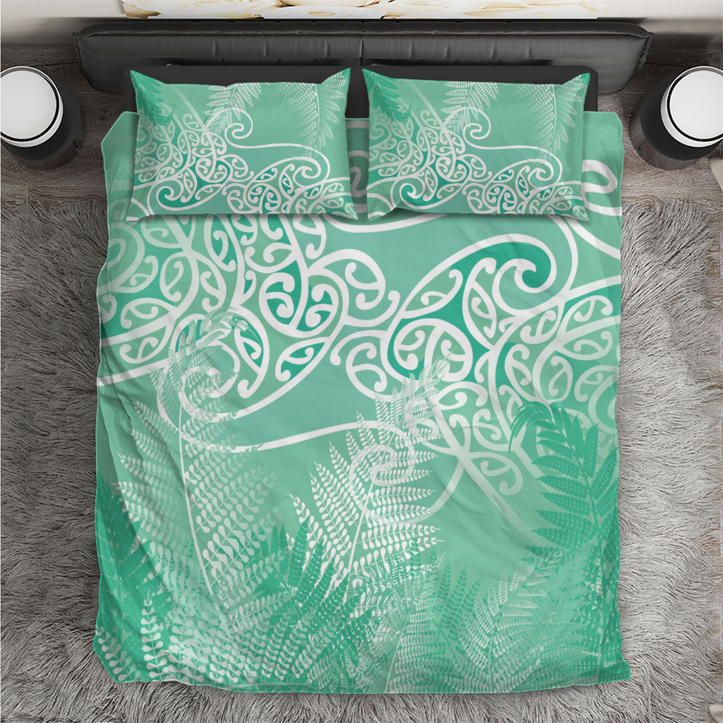 Aotearoa Maori Koru Curves Bedding Set Silver Ferns - Mint