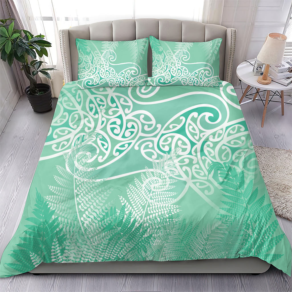 Aotearoa Maori Koru Curves Bedding Set Silver Ferns - Mint