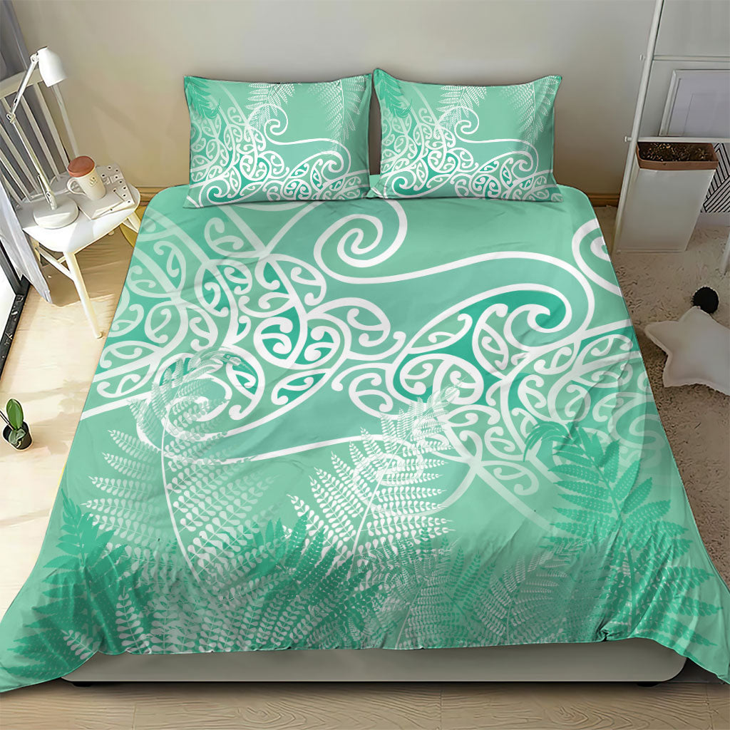 Aotearoa Maori Koru Curves Bedding Set Silver Ferns - Mint