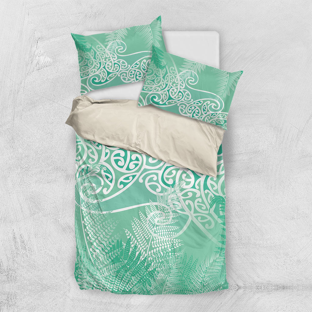 Aotearoa Maori Koru Curves Bedding Set Silver Ferns - Mint