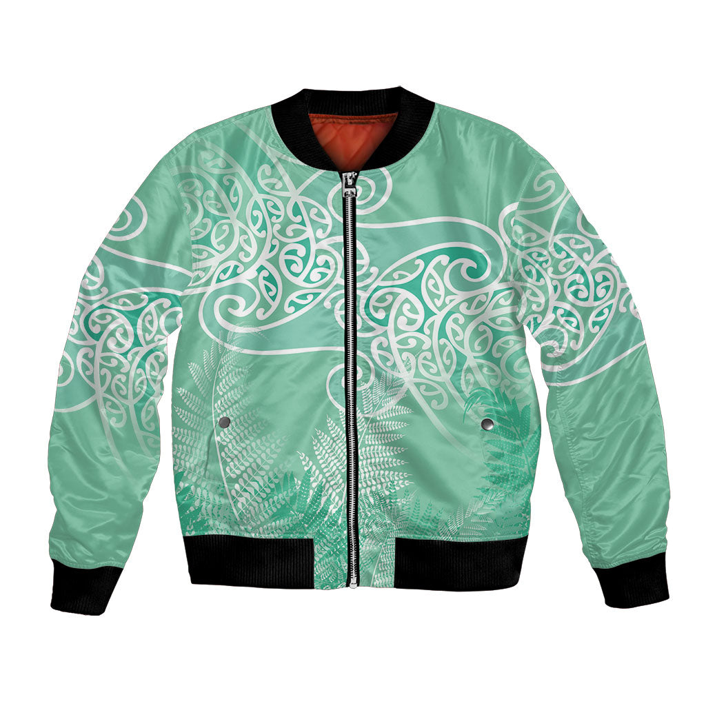 Aotearoa Maori Koru Curves Bomber Jacket Silver Ferns - Mint