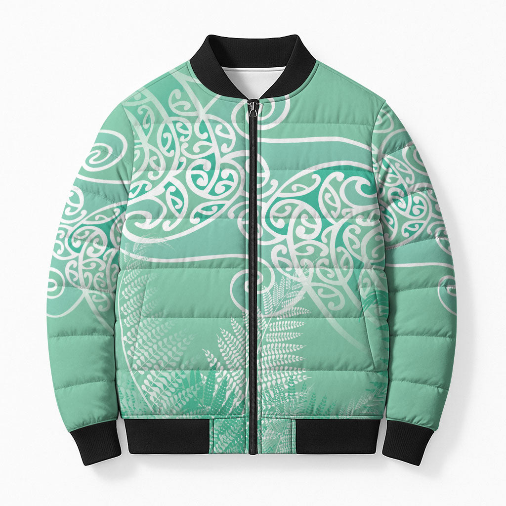 Aotearoa Maori Koru Curves Bomber Puffer Jacket Silver Ferns - Mint