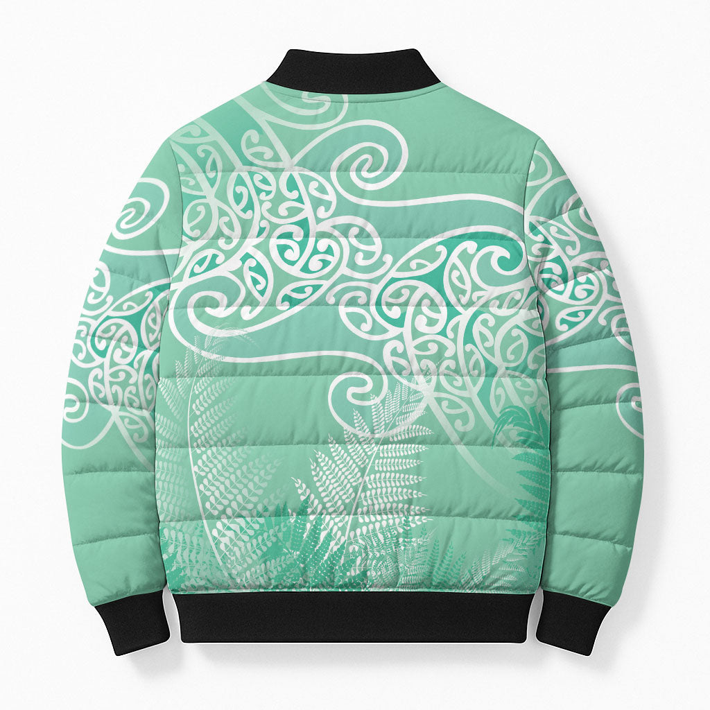 Aotearoa Maori Koru Curves Bomber Puffer Jacket Silver Ferns - Mint