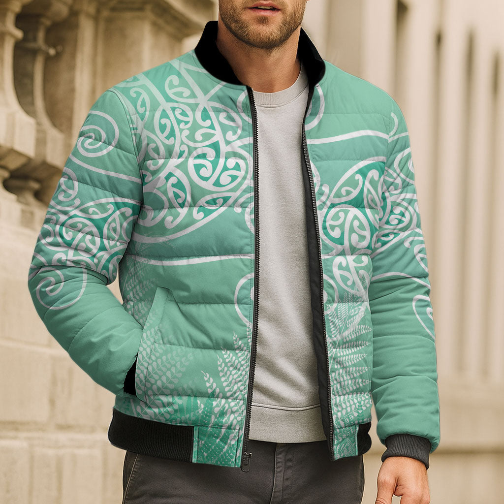 Aotearoa Maori Koru Curves Bomber Puffer Jacket Silver Ferns - Mint