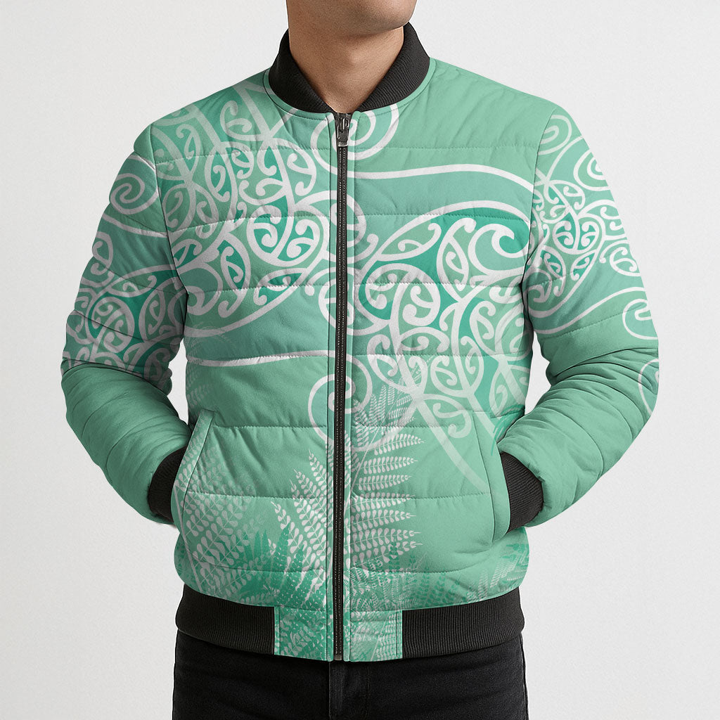 Aotearoa Maori Koru Curves Bomber Puffer Jacket Silver Ferns - Mint