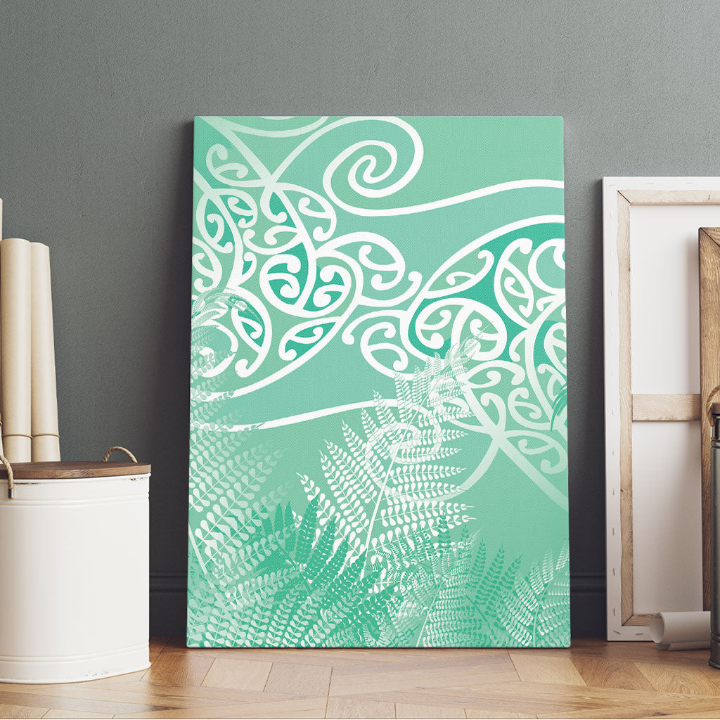 Aotearoa Maori Koru Curves Canvas Wall Art Silver Ferns - Mint LT7 - Polynesian Pride