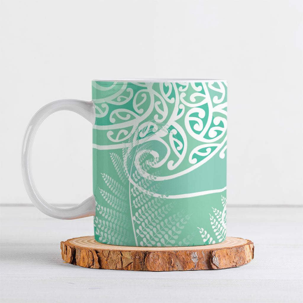 Aotearoa Maori Koru Curves Ceramic Mug Silver Ferns - Mint LT7 Mint Green - Polynesian Pride