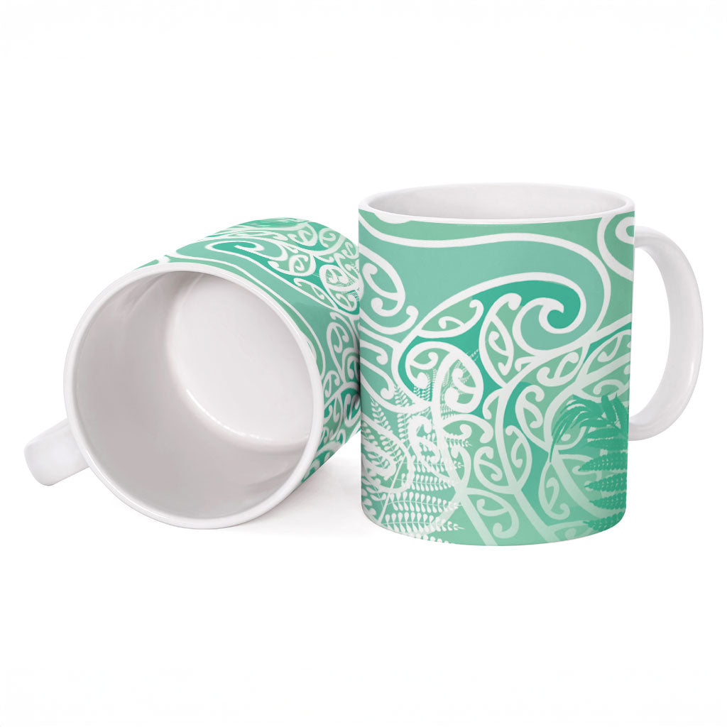 Aotearoa Maori Koru Curves Ceramic Mug Silver Ferns - Mint LT7 - Polynesian Pride