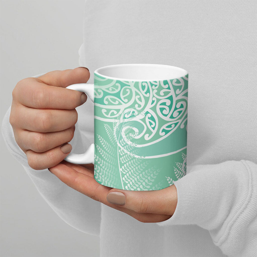 Aotearoa Maori Koru Curves Ceramic Mug Silver Ferns - Mint LT7 - Polynesian Pride