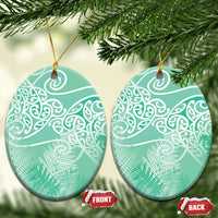 Aotearoa Maori Koru Curves Ceramic Ornament Silver Ferns - Mint LT7 Oval Mint Green - Polynesian Pride