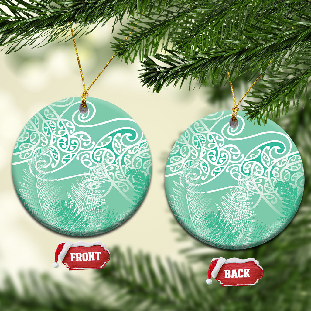 Aotearoa Maori Koru Curves Ceramic Ornament Silver Ferns - Mint LT7 Circle Mint Green - Polynesian Pride