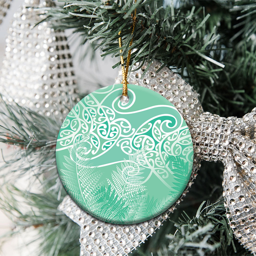 Aotearoa Maori Koru Curves Ceramic Ornament Silver Ferns - Mint LT7 - Polynesian Pride