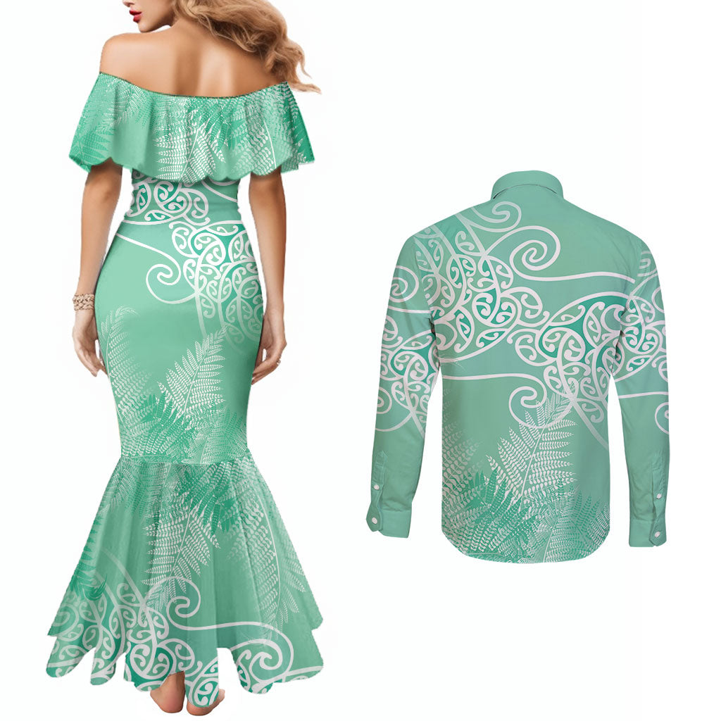 Aotearoa Maori Koru Curves Couples Matching Mermaid Dress and Long Sleeve Button Shirt Silver Ferns - Mint LT7 - Polynesian Pride