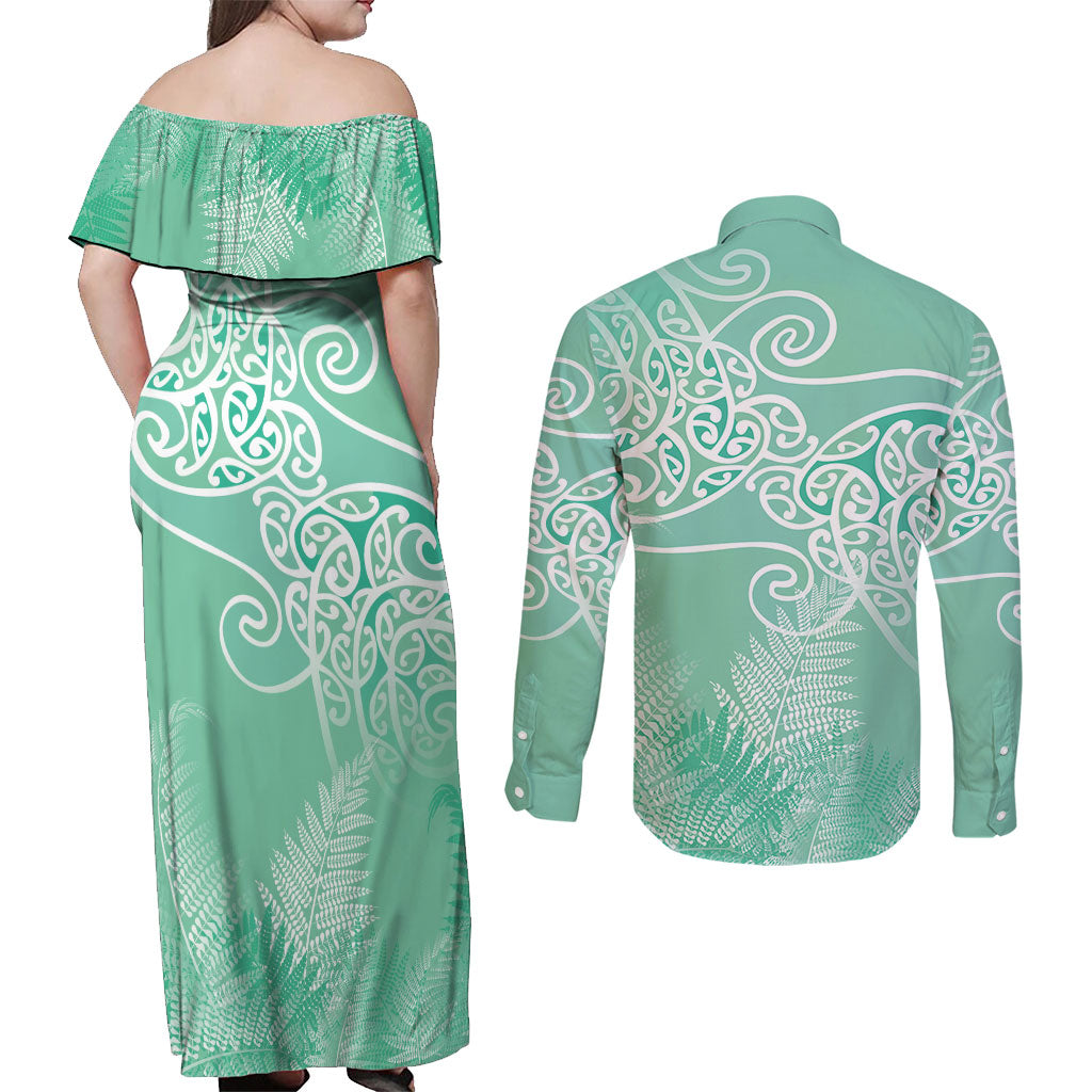 Aotearoa Maori Koru Curves Couples Matching Off Shoulder Maxi Dress and Long Sleeve Button Shirt Silver Ferns - Mint LT7 - Polynesian Pride