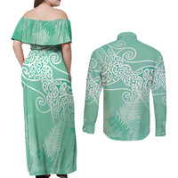 Aotearoa Maori Koru Curves Couples Matching Off Shoulder Maxi Dress and Long Sleeve Button Shirt Silver Ferns - Mint LT7 - Polynesian Pride
