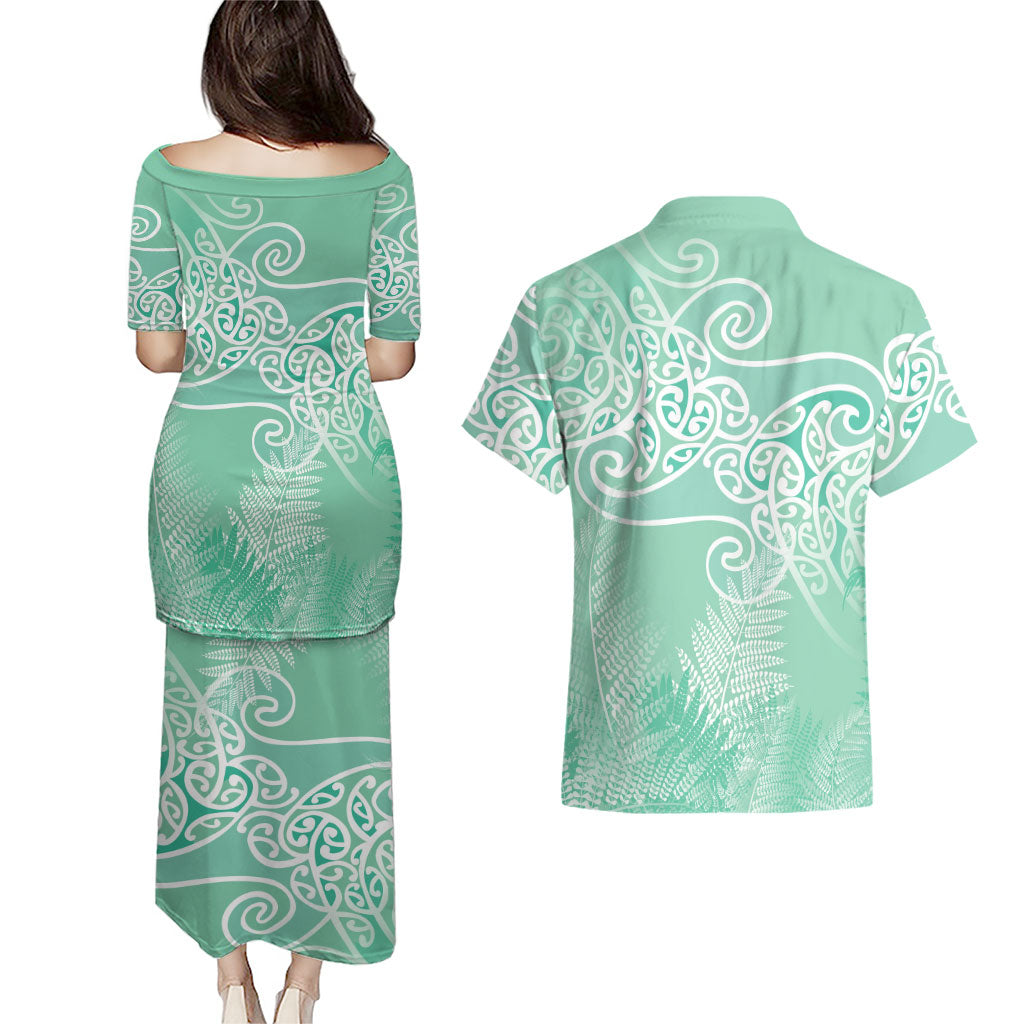 Aotearoa Maori Koru Curves Couples Matching Puletasi and Hawaiian Shirt Silver Ferns - Mint LT7 - Polynesian Pride