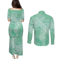 Aotearoa Maori Koru Curves Couples Matching Puletasi and Long Sleeve Button Shirt Silver Ferns - Mint LT7 - Polynesian Pride