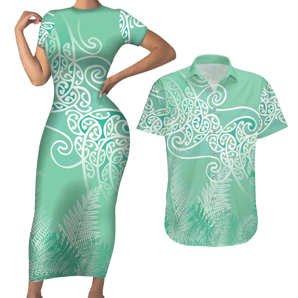 Aotearoa Maori Koru Curves Couples Matching Short Sleeve Bodycon Dress and Hawaiian Shirt Silver Ferns - Mint