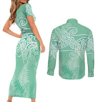 Aotearoa Maori Koru Curves Couples Matching Short Sleeve Bodycon Dress and Long Sleeve Button Shirt Silver Ferns - Mint LT7 - Polynesian Pride
