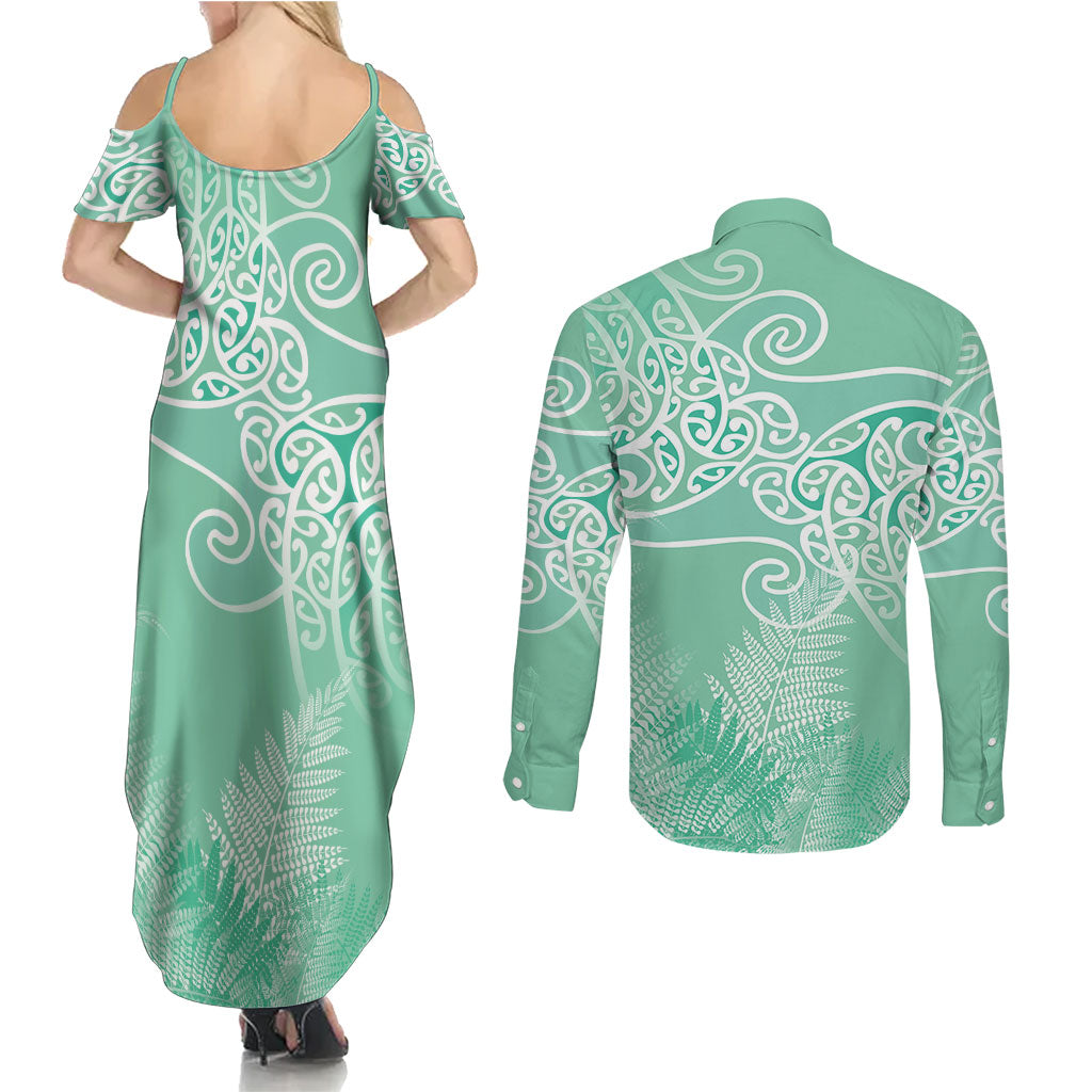 Aotearoa Maori Koru Curves Couples Matching Summer Maxi Dress and Long Sleeve Button Shirt Silver Ferns - Mint LT7 - Polynesian Pride