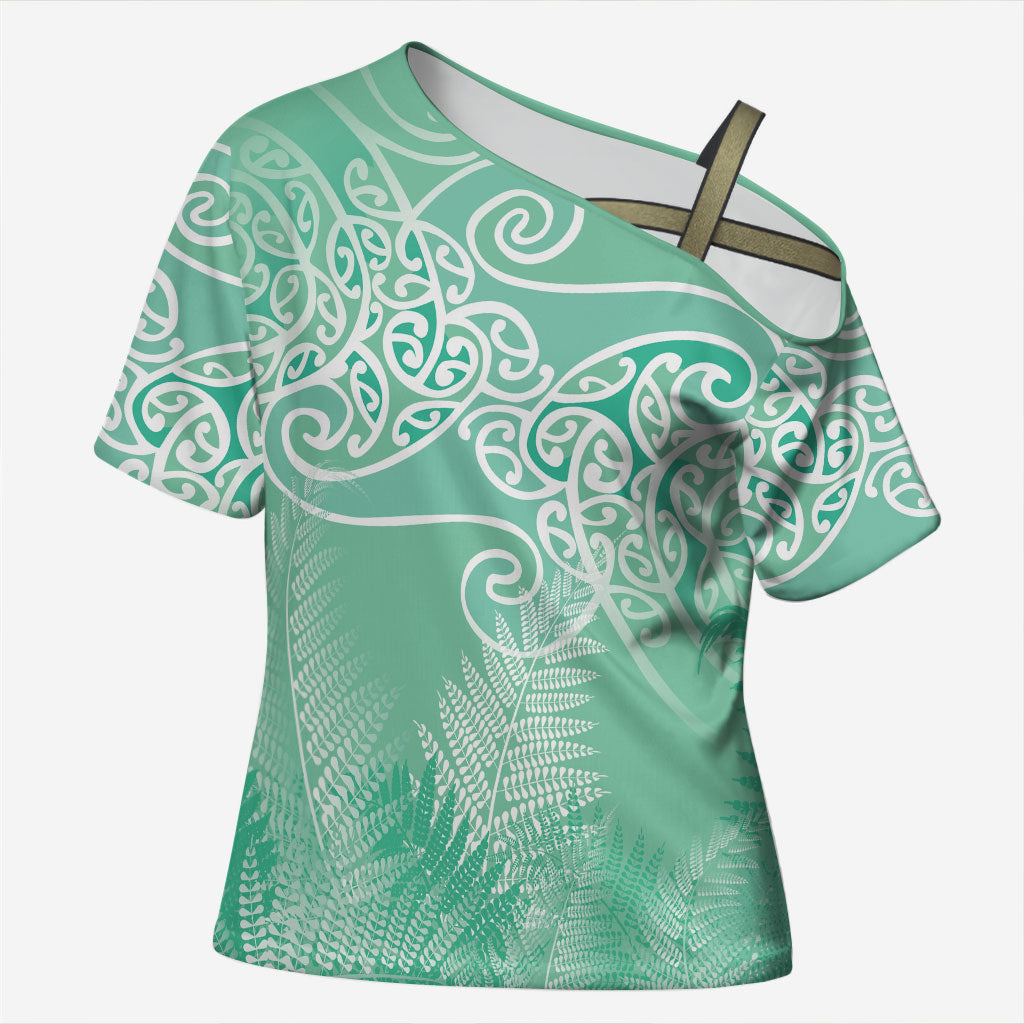 Aotearoa Maori Koru Curves Cross Shoulder Shirt Silver Ferns - Mint LT7 Female Mint Green - Polynesian Pride