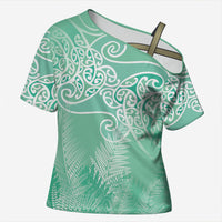 Aotearoa Maori Koru Curves Cross Shoulder Shirt Silver Ferns - Mint LT7 Female Mint Green - Polynesian Pride